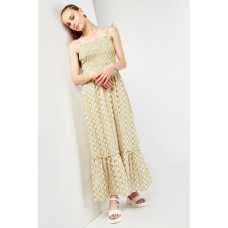 Diamond Pattern Shirred Bodice Maxi Dress