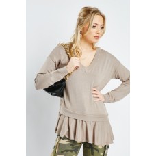 Low V-Neck Frill Hem Knit Top