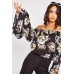 Off Shoulder Floral Flared Sleeve Top