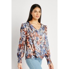 Pleated Printed Sheer Blouse