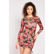 Ruched Tie Up Printed Mini Dress