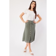 Textured Buttoned Front Midi Skirt