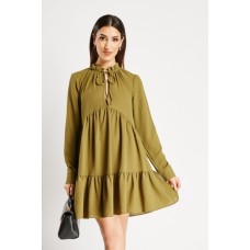 Tie Up Neck Smock Olive Dress