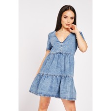 V Neck Denim Tiered Dress